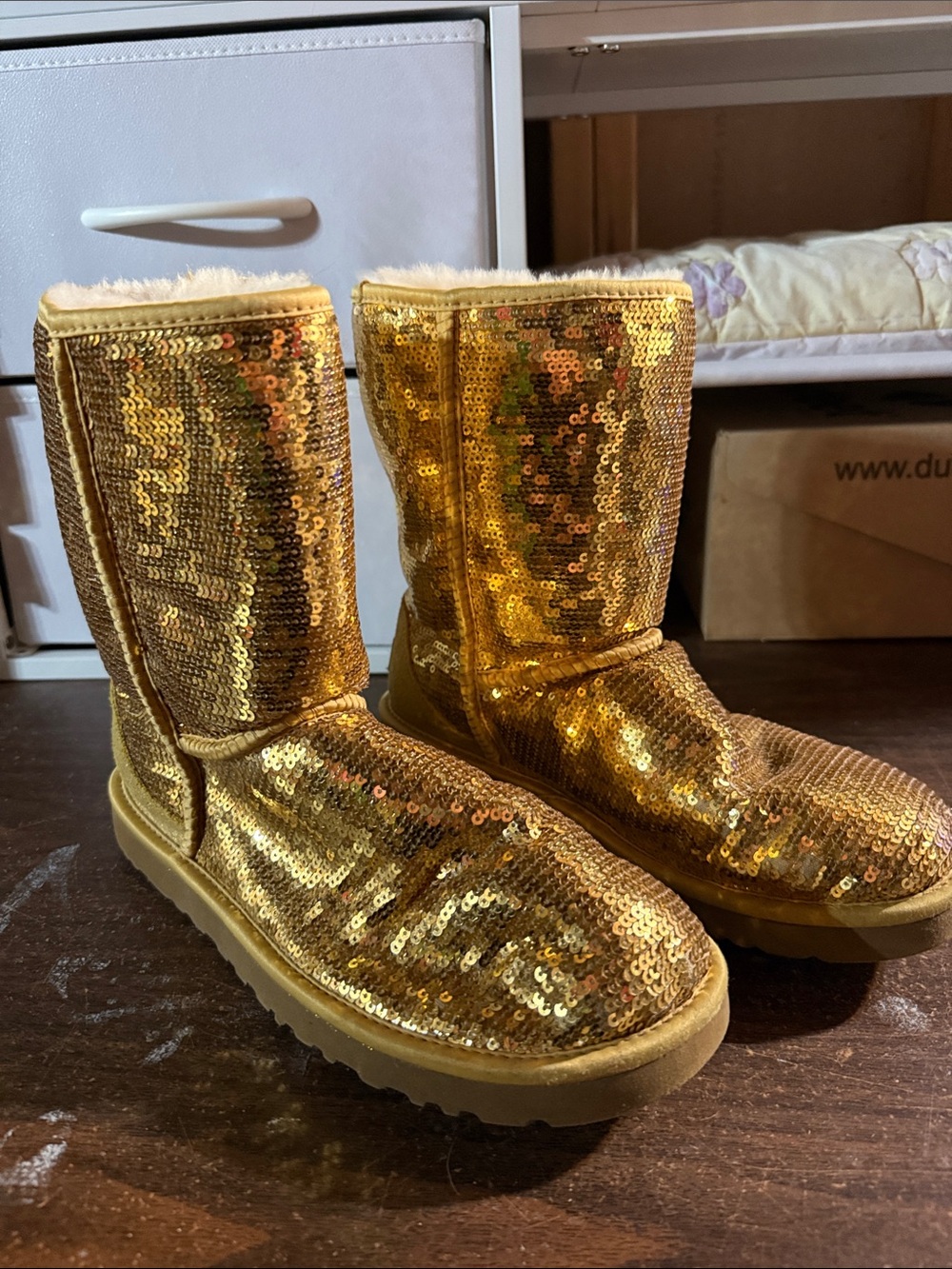 UGG Gold Sequin Shearling-Lined Mid-Calf Boots